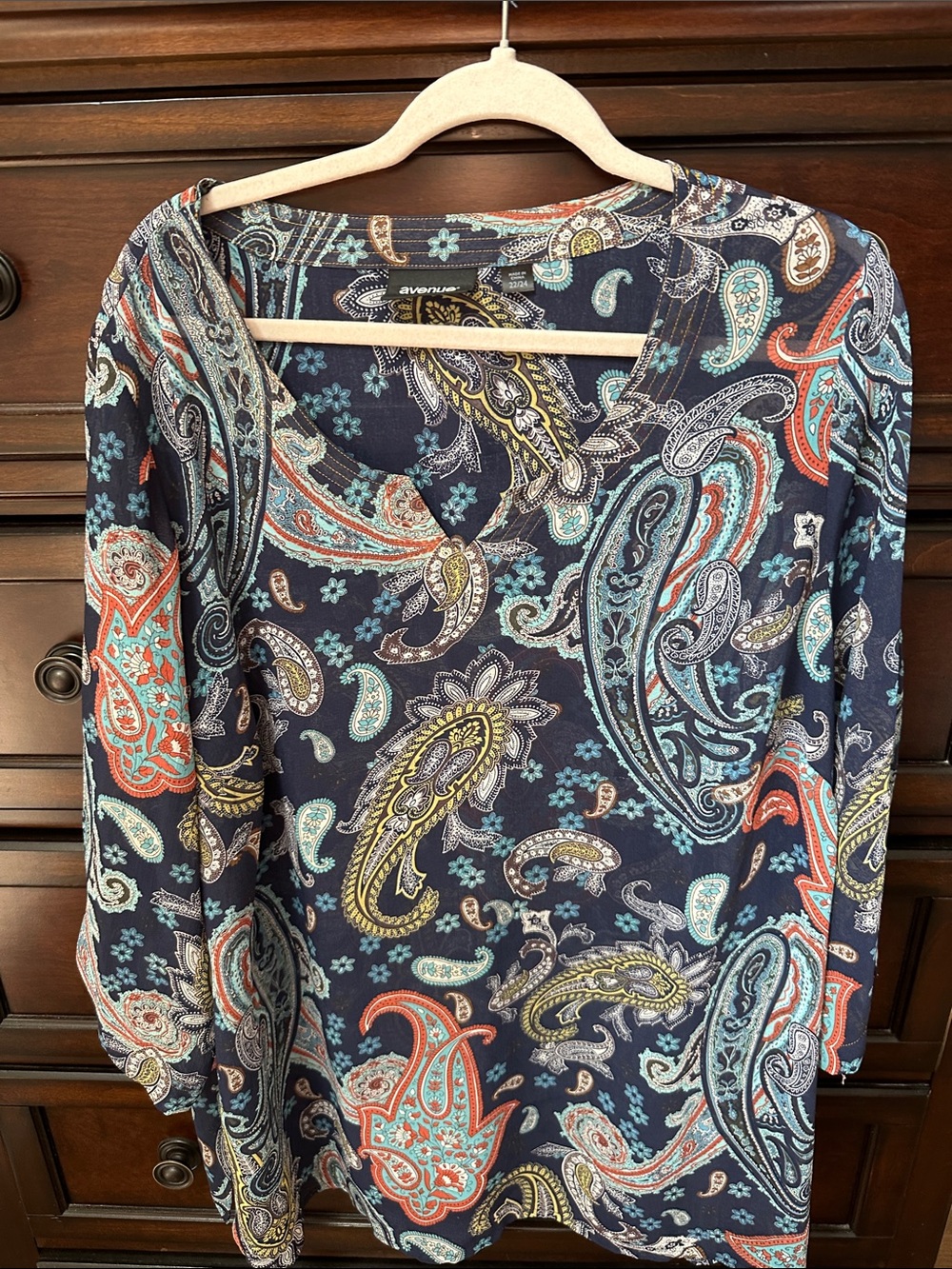 Avenue Navy Paisley V-Neck Long Sleeve Tunic with Teal & Coral Accents